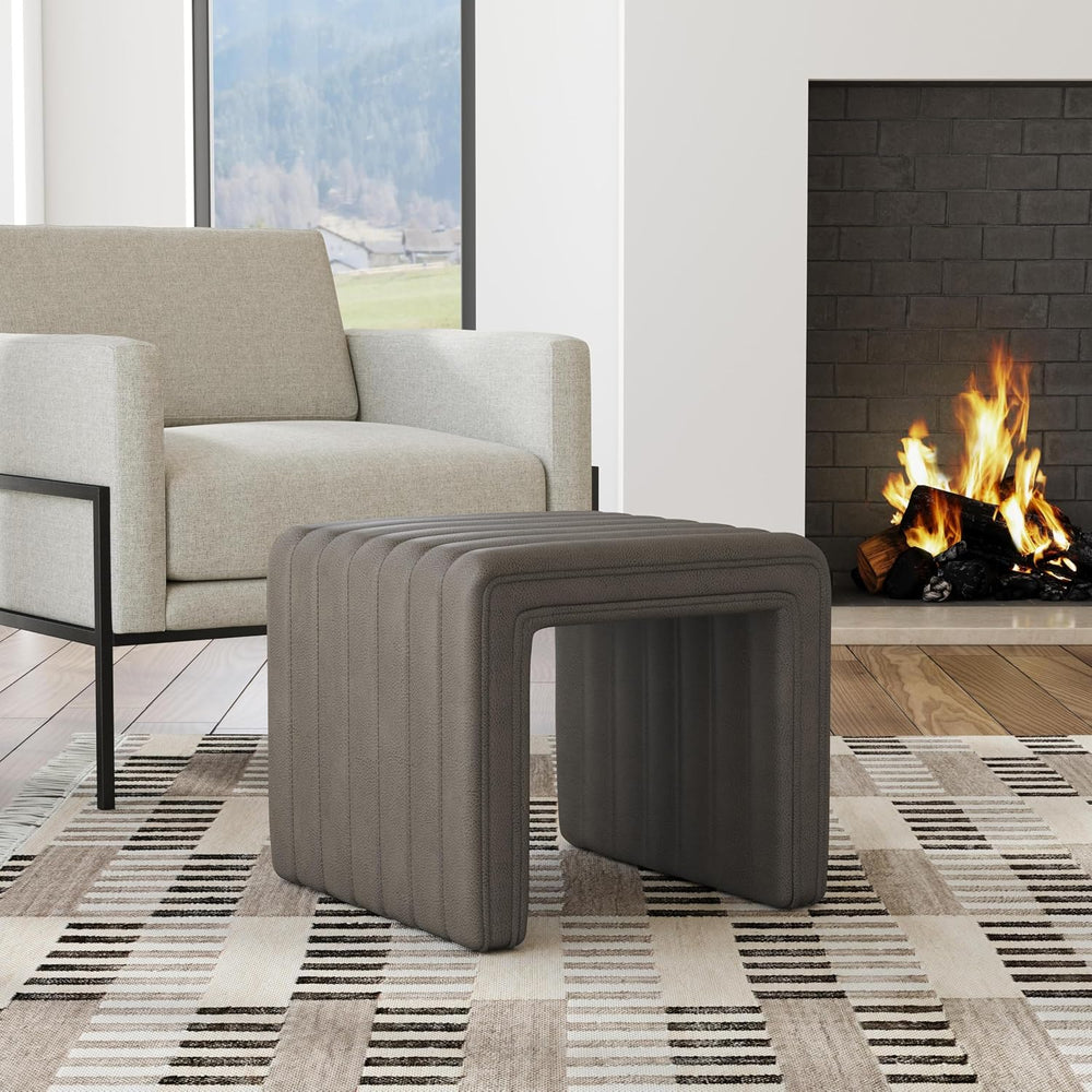 HomePop 19" Modern Channel Tufted Ottoman - Pewter Gray Faux Leather