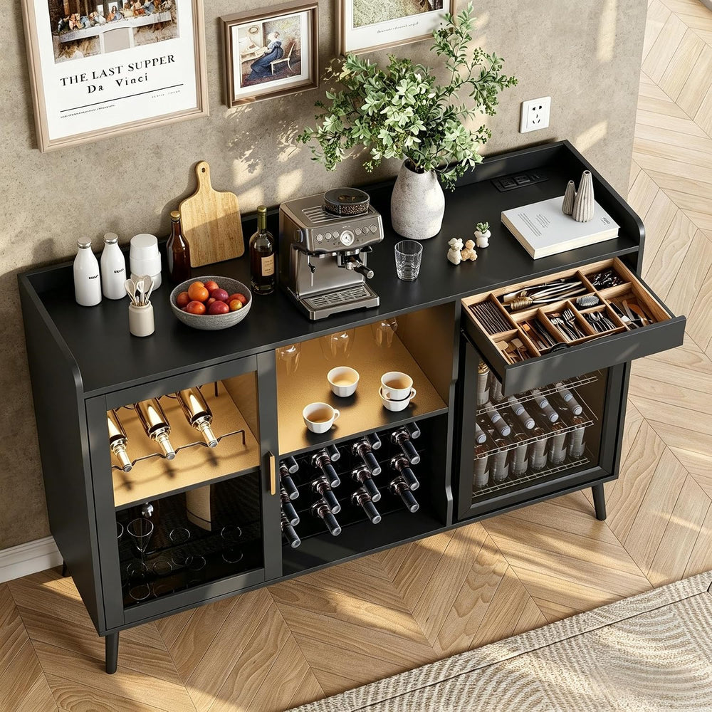 Coffee Bar Cabinet with Fridge Space, Black Wine Cabinets with Power Outlet