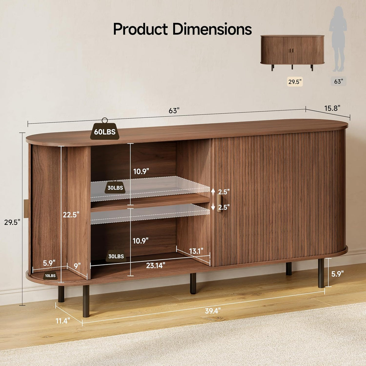 ComfyCorner 63" Fluted Buffet Sideboard Cabinet with Sliding Door, Walnut