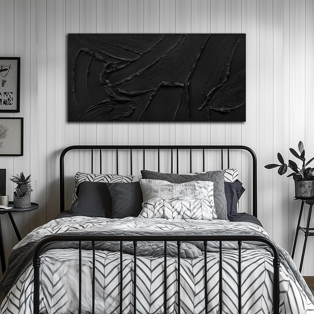 MXUNYZ Black Abstract Canvas Art, Hand Painted 3D Thick Texture Painting