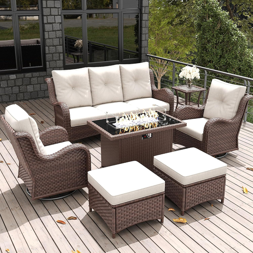 LayinSun 7 Pieces Outdoor Patio Furniture Set with Fire Pit Table, Rattan Wic...