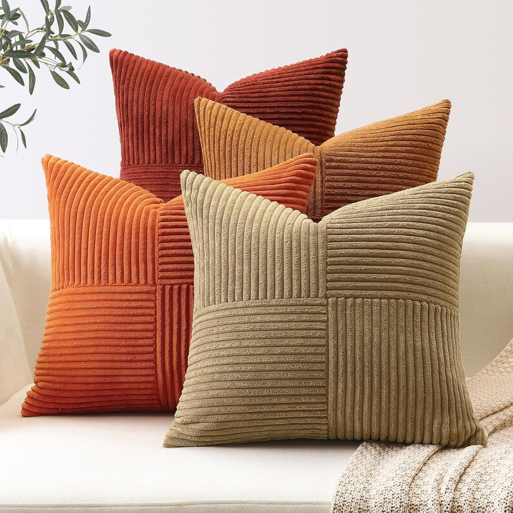 OTOSTAR Set of 4 Decorative Throw Pillow Covers Soft Striped Corduroy Boho Sq...