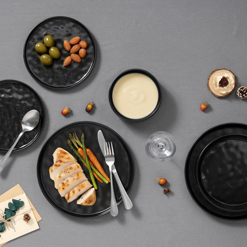 E-far Black Plates and Bowls Sets, 8-Piece Stoneware Dinnerware Set for 2