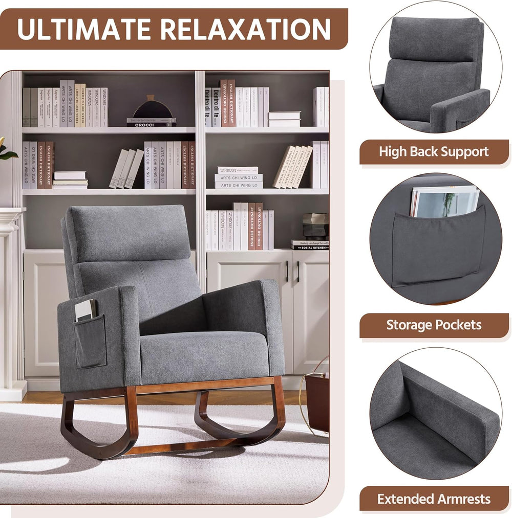 Yaheetech 28in Wide Padded High Back Glider Rocking Chair, Gray Polyester