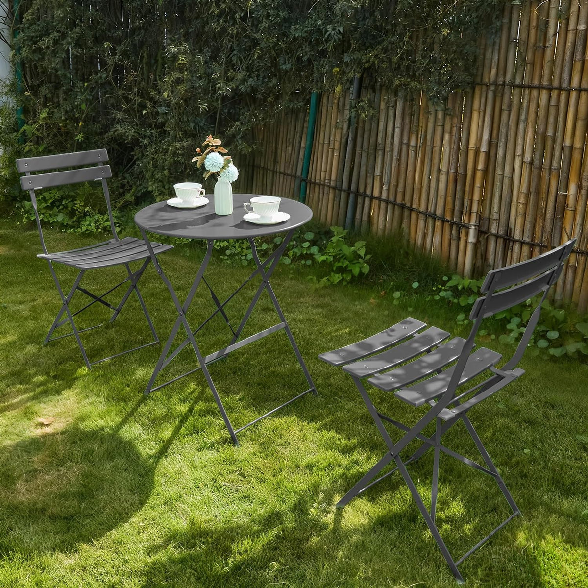 3 Pieces Outdoor Bistro Set, Patio Table and Chairs Set,Grey