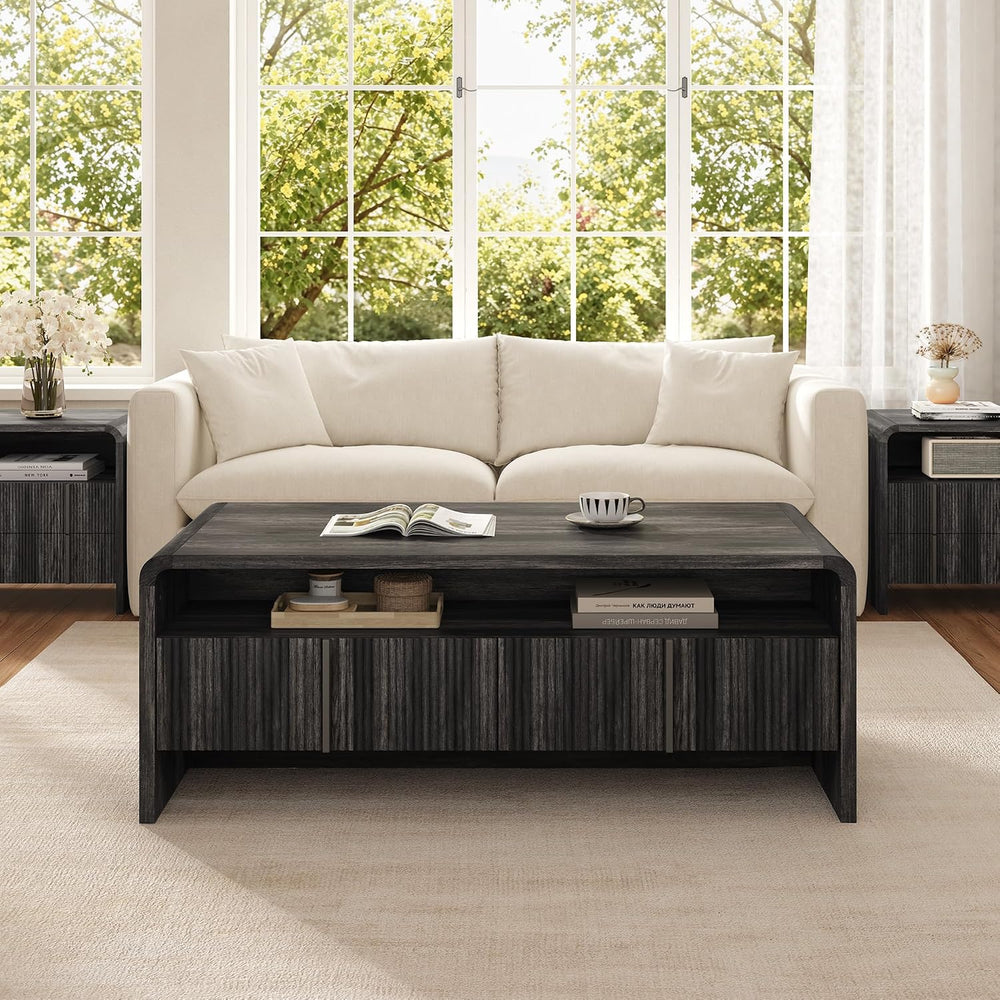 AMERLIFE Fluted Coffee Table with Storage & Rounded Edges