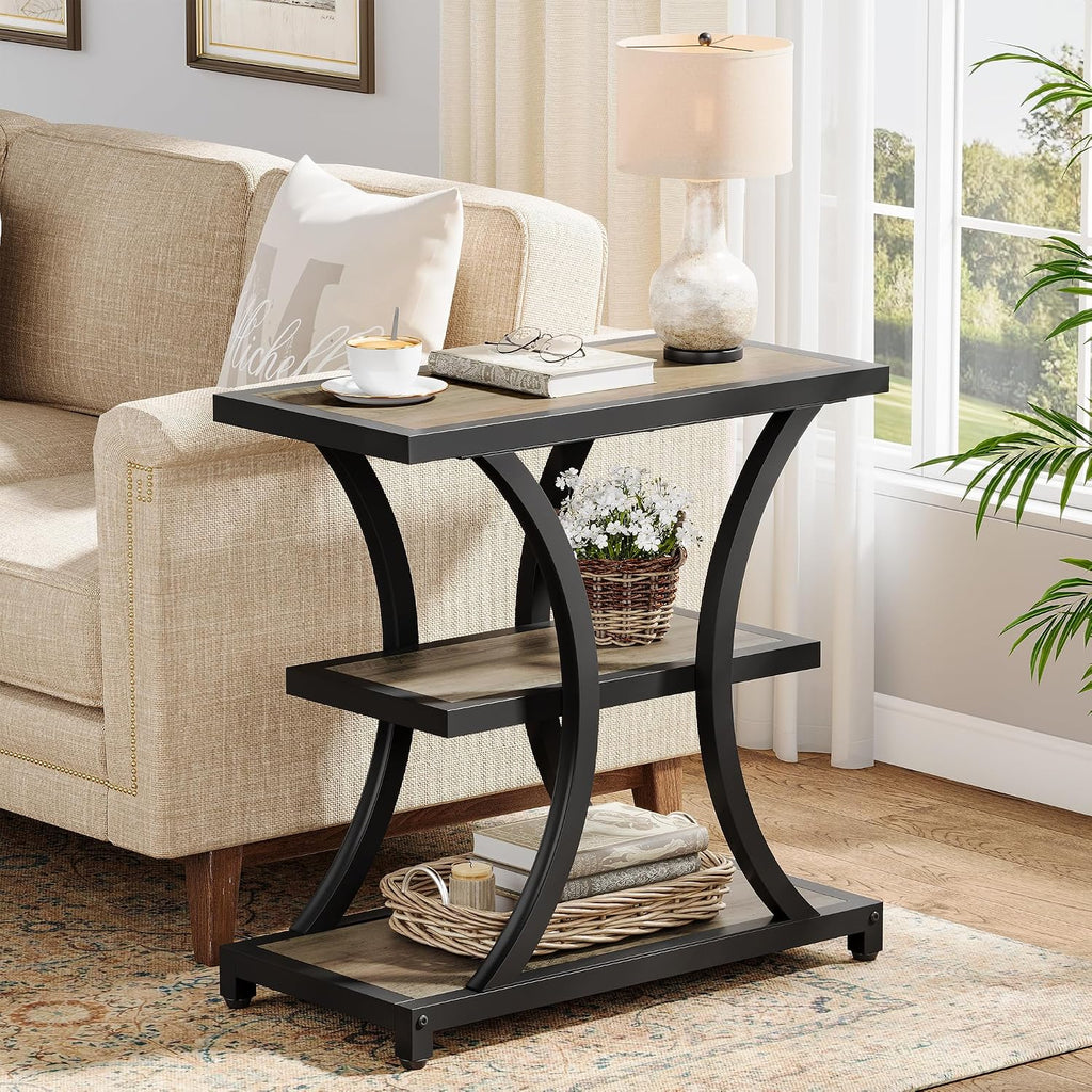 Tribesigns End Table with Storage, 3-Tier Side Table with Geometric Metal Design, Industrial Nightstand for Small Spaces, Living Room, Bedroom, Study Room (Grey)