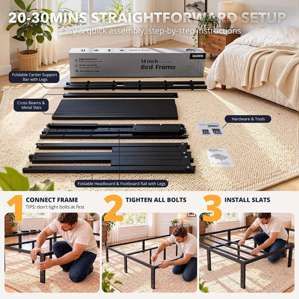 Queen Bed Frame 11 Points Support Metal Platform Bed with Storage Space
