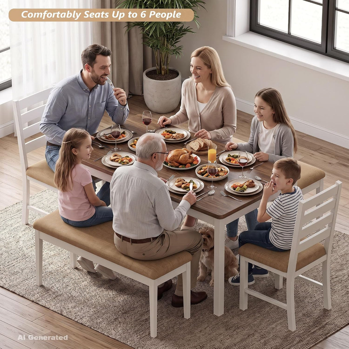 ROCSUMOO 5-Piece Dining Table and Chair Set with 2 Chairs & 2 Benches,Brown