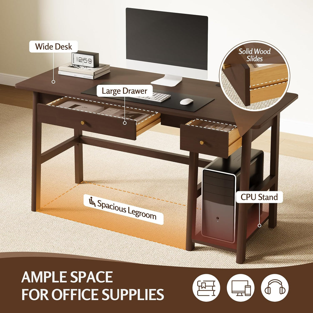 NELYE Solid Wood Writing Desk with Drawer, 58" W x 24" D, Walnut