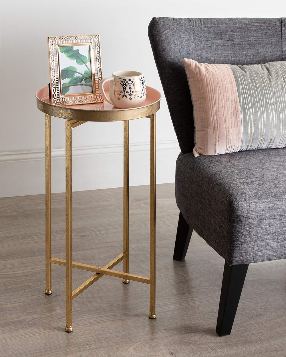 Kate and Laurel Celia Round Metal Foldable Tray Accent Table, Pink with Gold ...