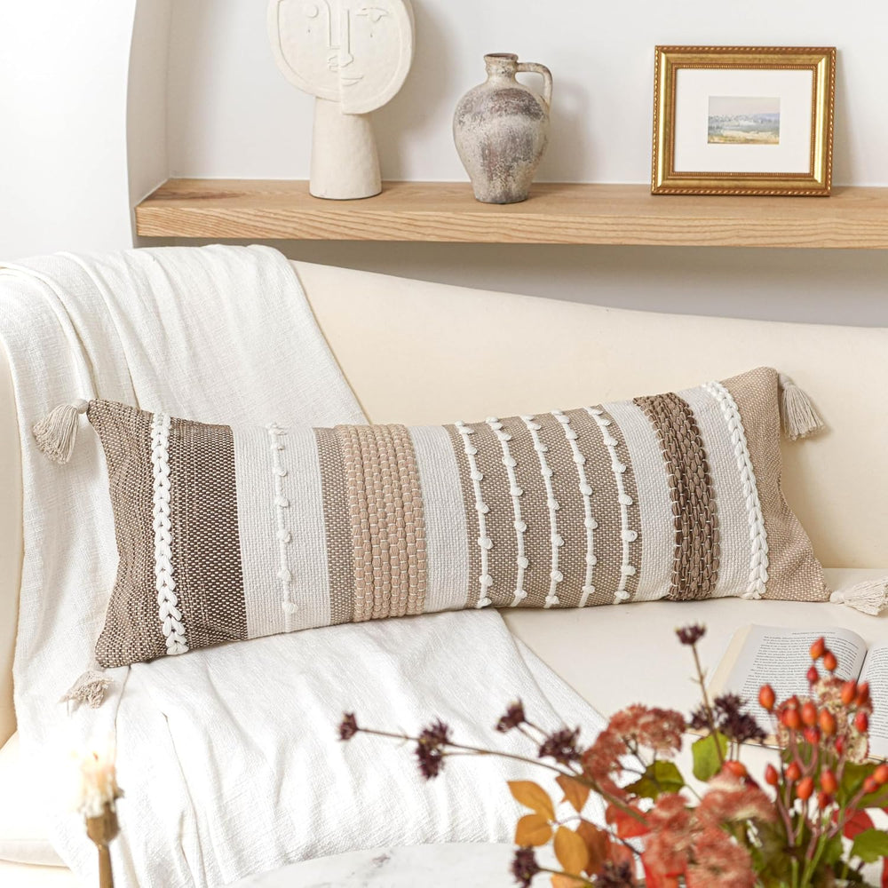 BlissBlush Brown Decorative Lumbar Pillow Cover 14x36 Boho Long Body Pillow f...