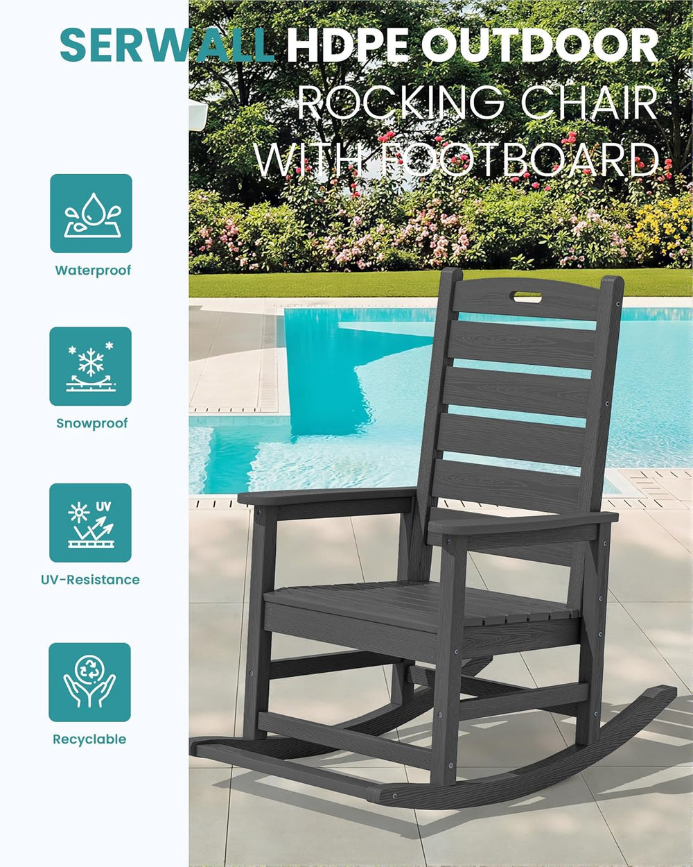 SERWALL 2-Pc Rocking Chair Set with Footboard, HDPE, 350lbs Cap, Gray