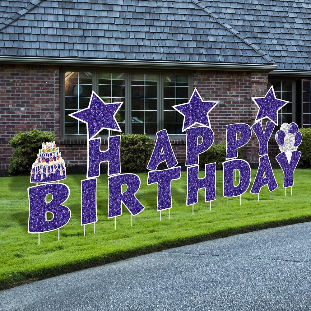 Jetec 18 Pcs Happy Birthday Yard Sign with Stakes and Light, Purple