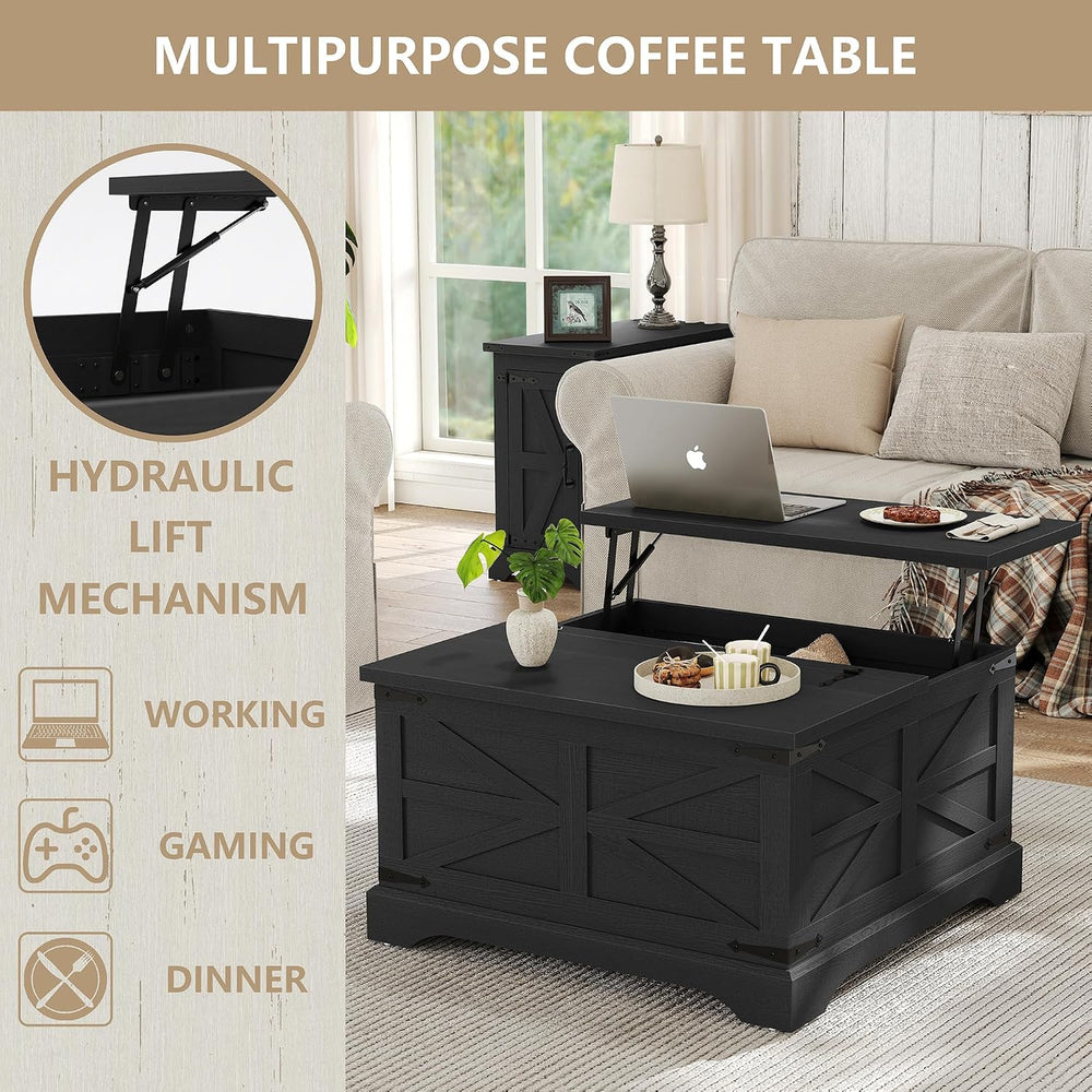 Furnideco Farmhouse Lift Top Coffee Table, Square Wood Center Table with Larg...