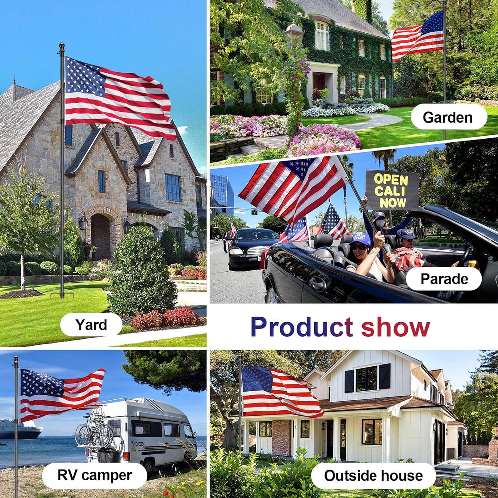 Ground Flag Pole Kit, 9.5 ft Adjustable, Stable 3-Prong Stake, 3x5 US Flag