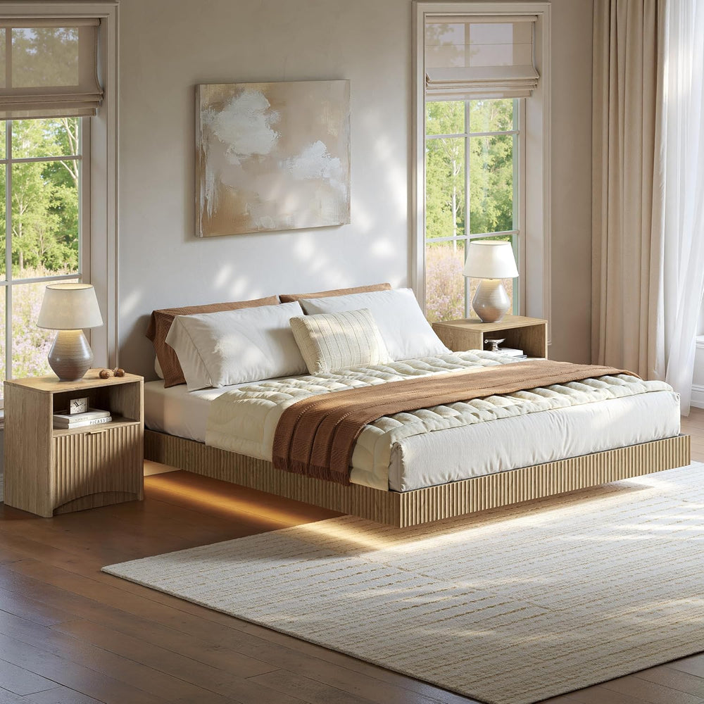 Evermagin King Bedroom Set, Fluted Floating Bed Frame & Nightstands, Oak