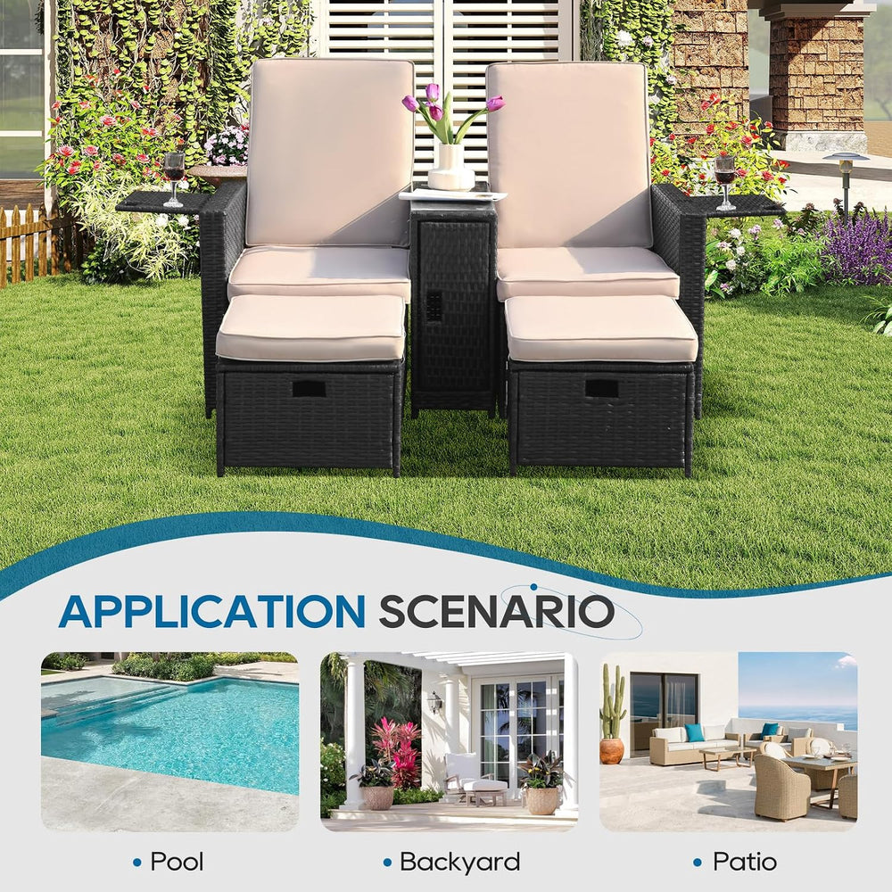 5PCS Outdoor Wicker Chaise Lounge Chair - Rattan Adjustable Reclining Patio L...