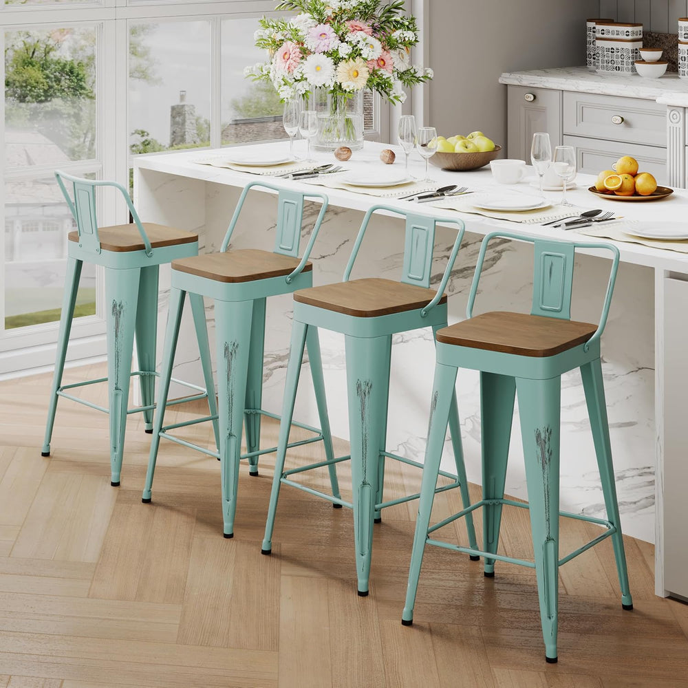 Andeworld Bar Stools Set of 4, 24" Distressed Barstools, Green Blue