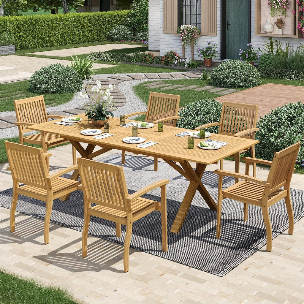 MIXPATIO Acacia Wood Patio Dining Set for 6 w/Expandable Table & 6 Chairs