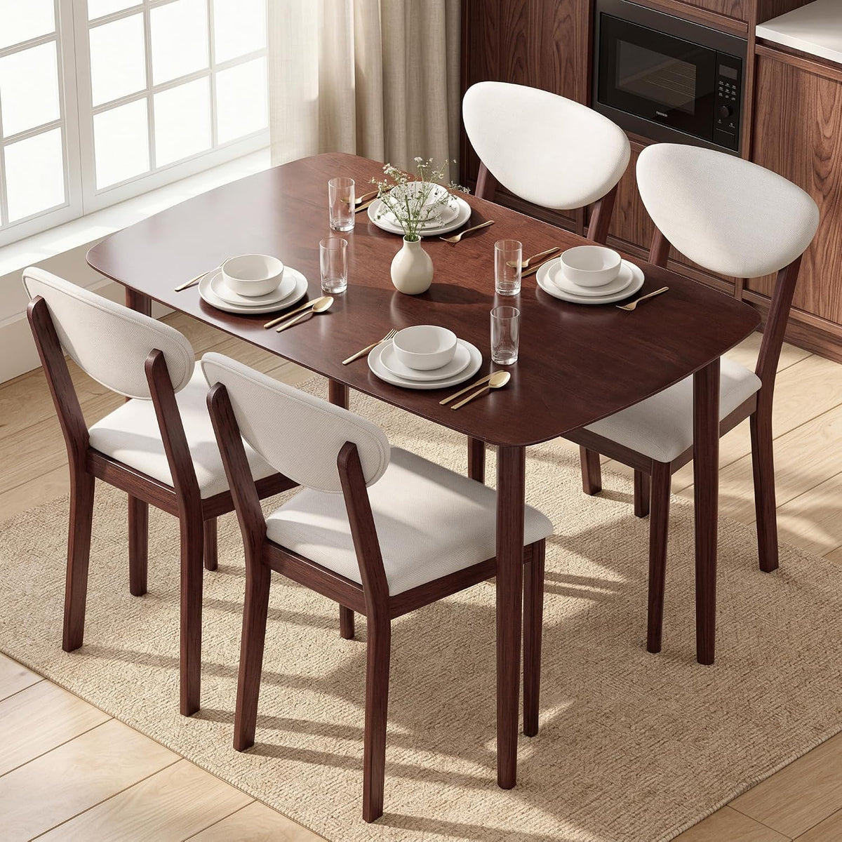 HOMCOM 5-Piece Dining Table Set for 4 with Solid Wood Frame, Cream White