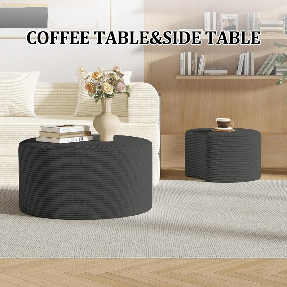 Round Nesting Coffee Table Set of 2,Upholstered Foam Ottoman Footrest Side Ta...