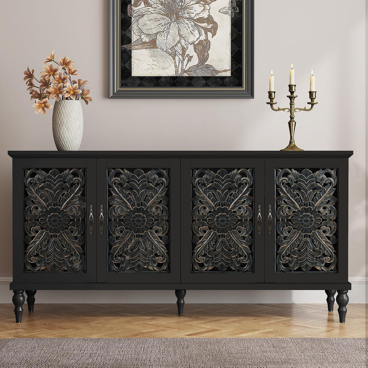 ARTPOWER 61.8" Hollow Carved Accent Cabinet with 4 Doors for Living Room