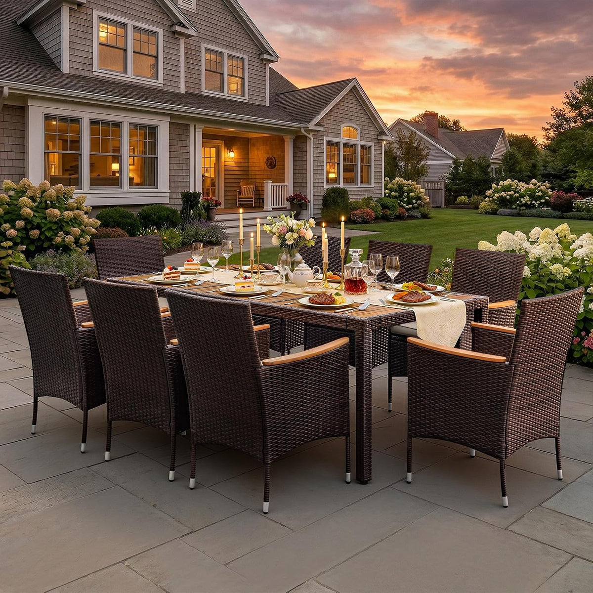 greesum 9 pieces patio dining set acacia wood showing dimensions