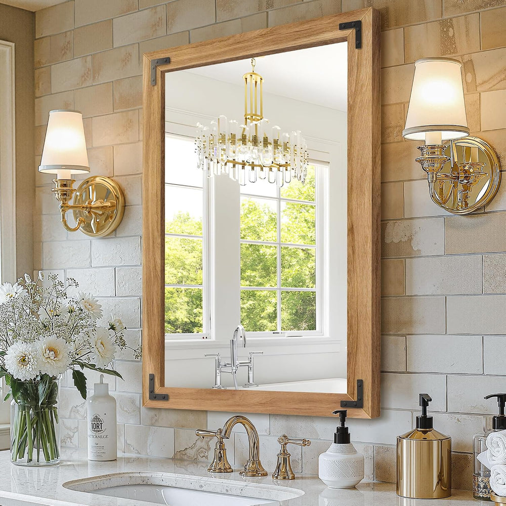 Wood Framed Bathroom Vanity Mirror for Wall, 24"x36" Farmhouse Mirror