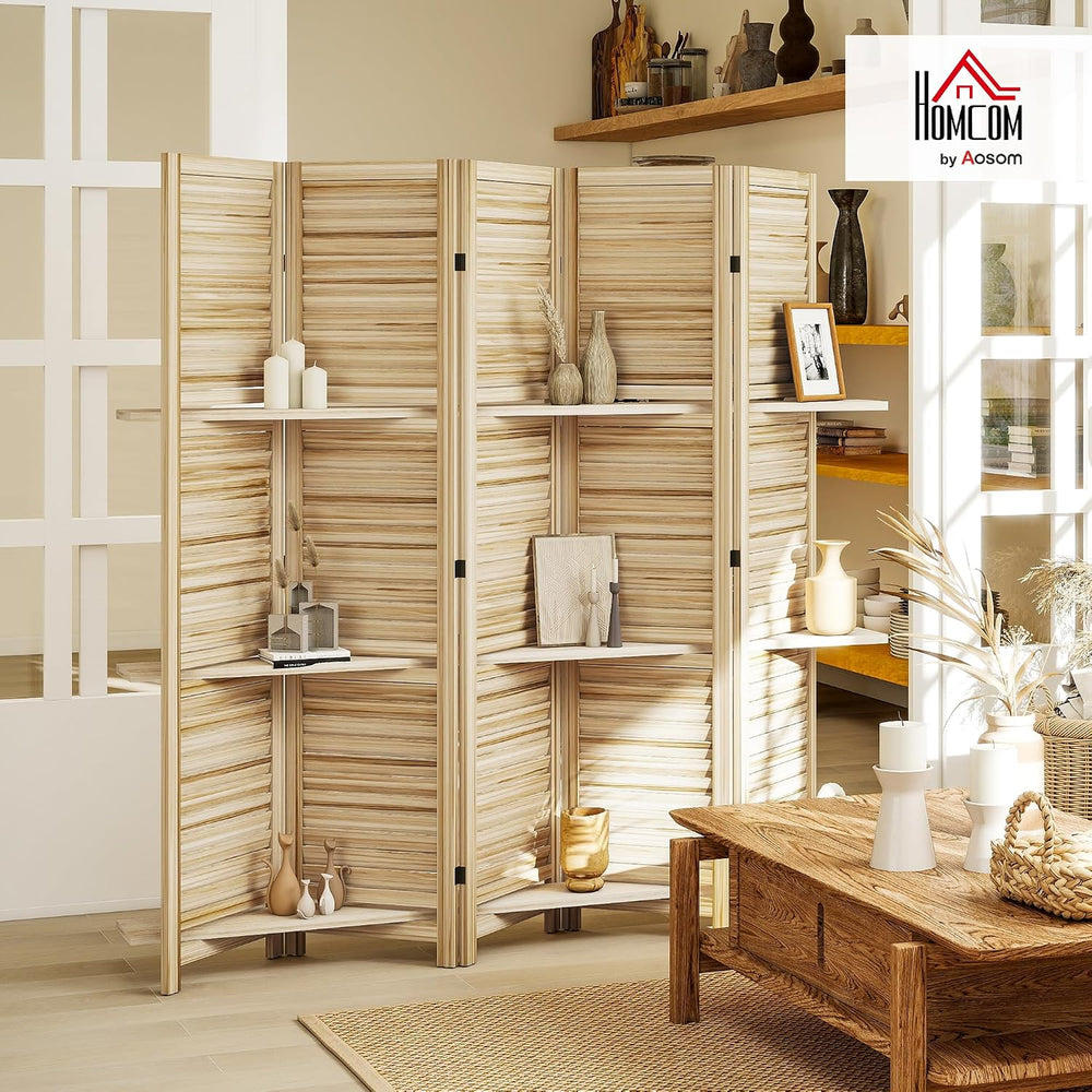 HOMCOM Room Divider with Shelves, 5 Panel, 67" Tall, Natural Wood