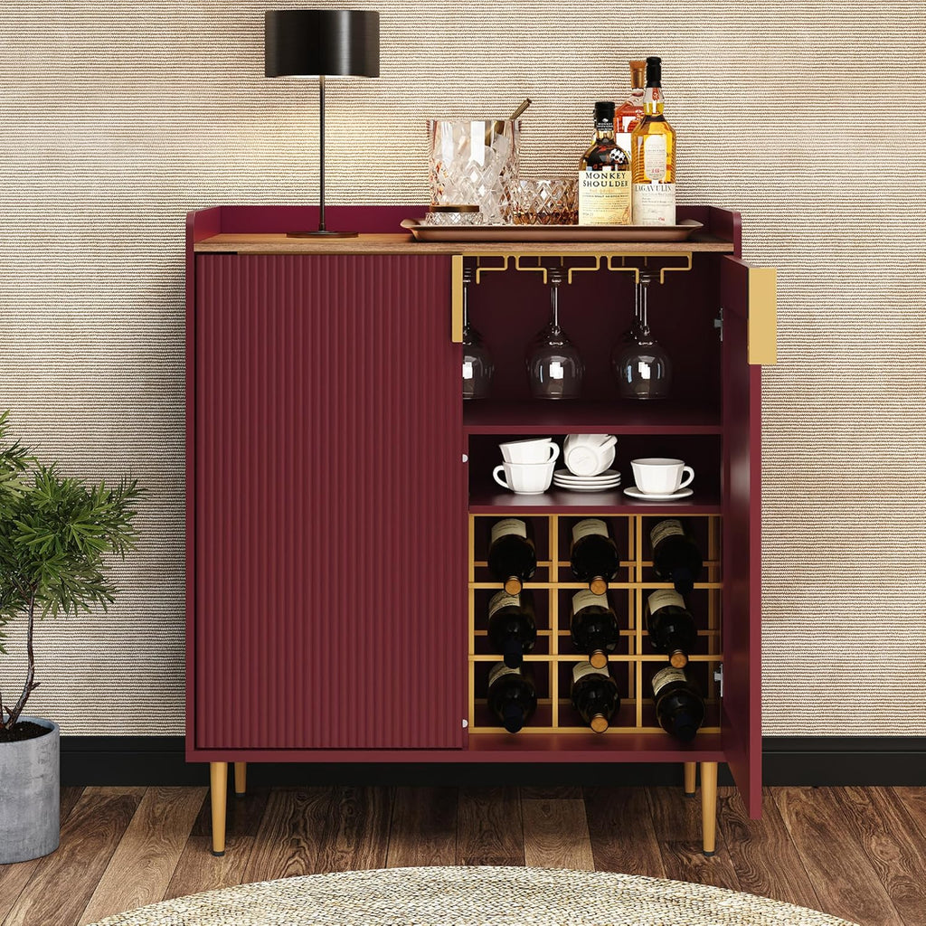 ARTPOWER Coffee Bar Cabinet with Wine Rack&Glass Holder, Red
