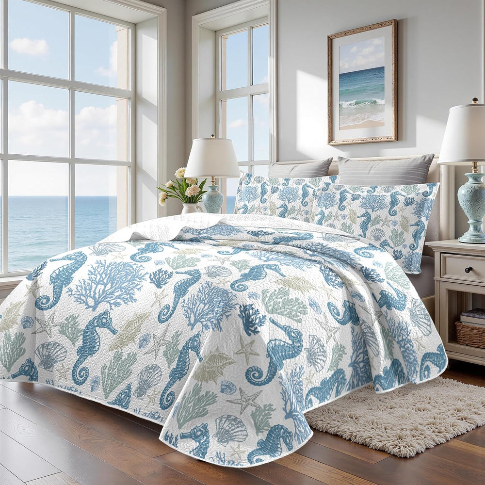 California King Quilt Set, Coastal Seahorse Bedding, 3 Piece, 106"x118&q...