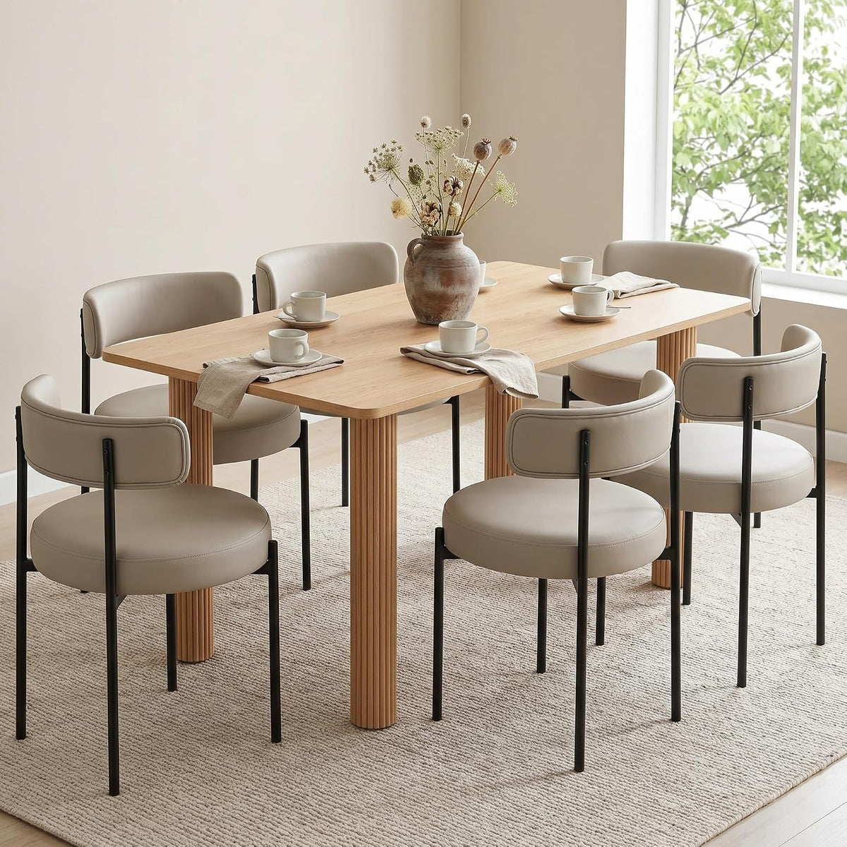 Modern Dining Chairs Set of 6, Faux Leather, Beige Grey