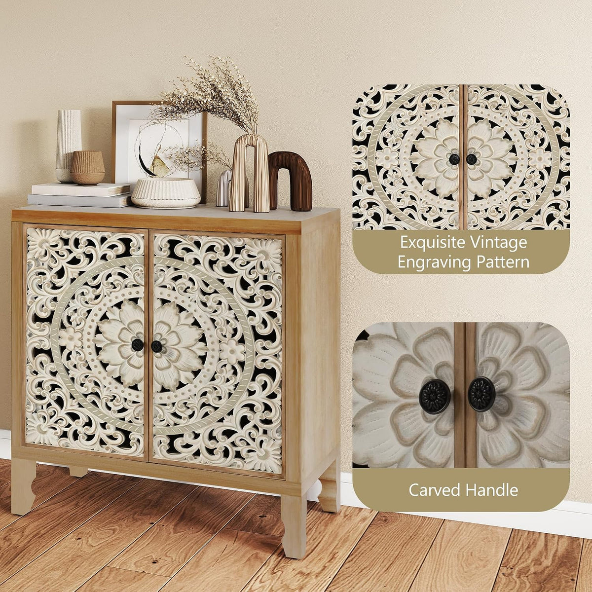 Solid Wood Buffet Cabinet, Accent Cabinet, 2 Carved Doors, White