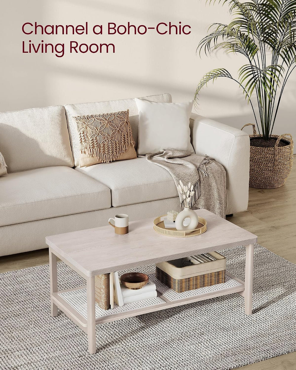 VASAGLE 2-Tier Coffee Table, Rectangular, PE Rattan Shelf, Rounded Corners