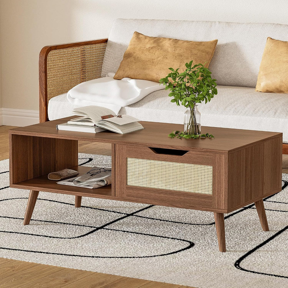 DIYART Brown Rattan Coffee Table, Mid Century Modern with Drawer & Shelf,...