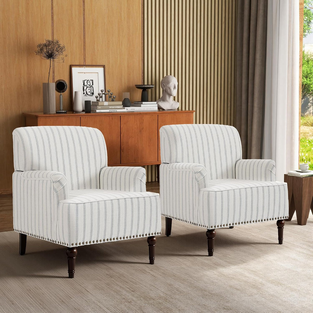 Pinstripe Accent Chairs Set of 2, Fabric Armchair, Light Blue