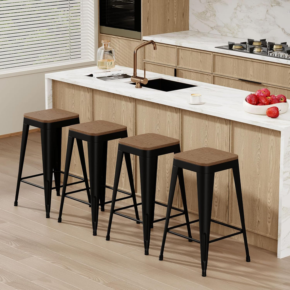 24" Metal Bar Stools Set of 4 Black Counter Height Stools with Wood Seat...