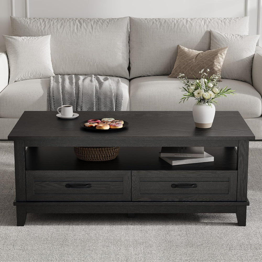 IDEALHOUSE Black Coffee Table with Drawers, 47.2” Rustic Center Table with Op...