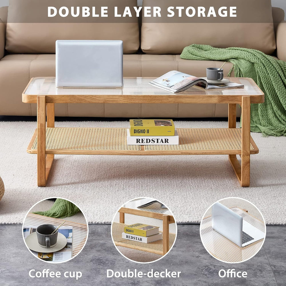 Rattan Coffee Table with Tempered Glass Top,Wood Coffee Table for Living Room...
