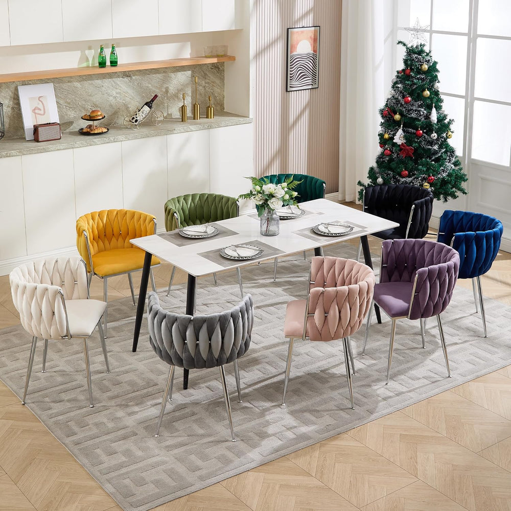 Velvet Dining Chairs Set of 6, Woven Back,Gray