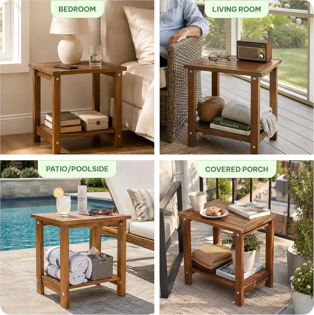 Acacia Wood Adirondack Side Table, 2-Tier Outdoor End Table - Walnut