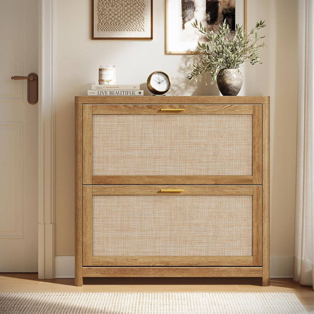 VASAGLE Boho Shoe Storage Cabinet, Slim, Rattan-Look Flip Drawers
