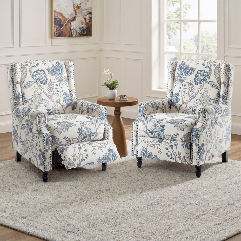 Floral Pushback Recliner Chairs Set of 2, Fabric Armchair, Blue Plant