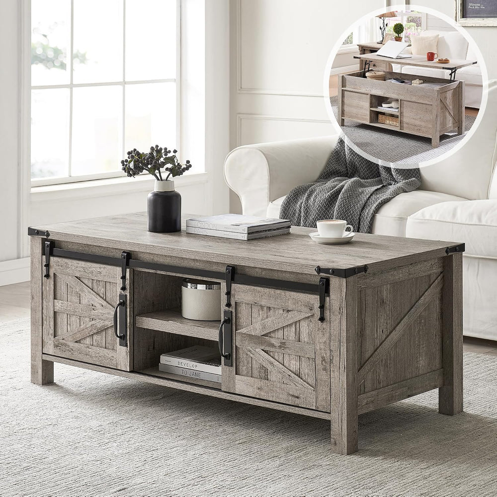 OKD 48" Farmhouse Lift Top Coffee Table Sliding Barn Door, Light Rustic Oak