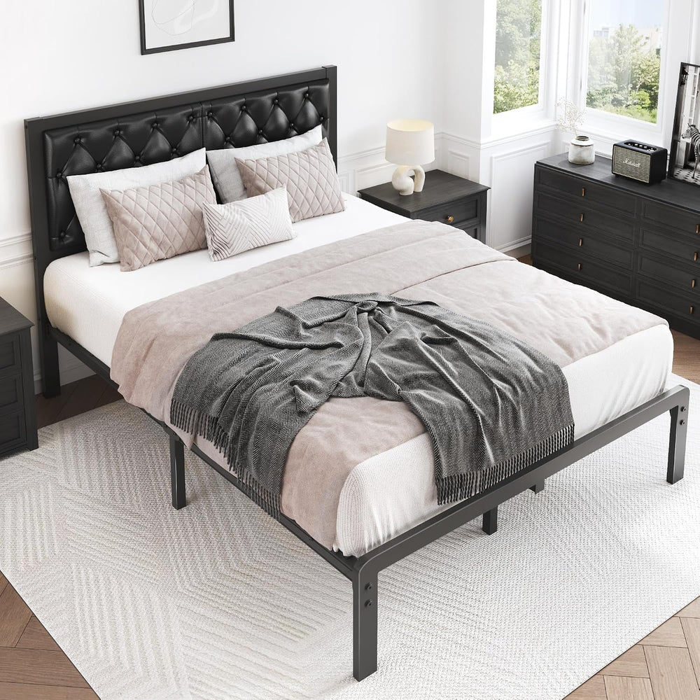 HISOFT Full Bed Frame with Upholstered Button Tufted Headboard, Bed Frame Pla...