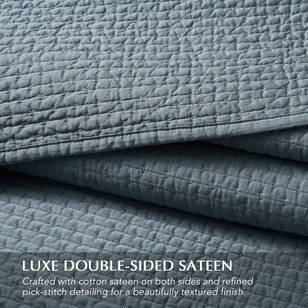 EverGrace Cotton Sateen Pick-Stitch Quilt Set, King Size, Dusk Blue