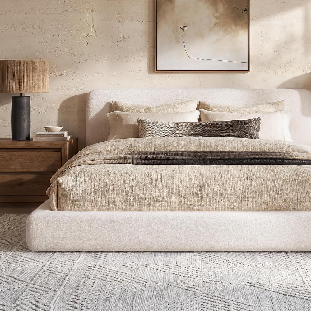 King Upholstered Bed Frame, King Size Cloud Bed Frame, White Platform Bed