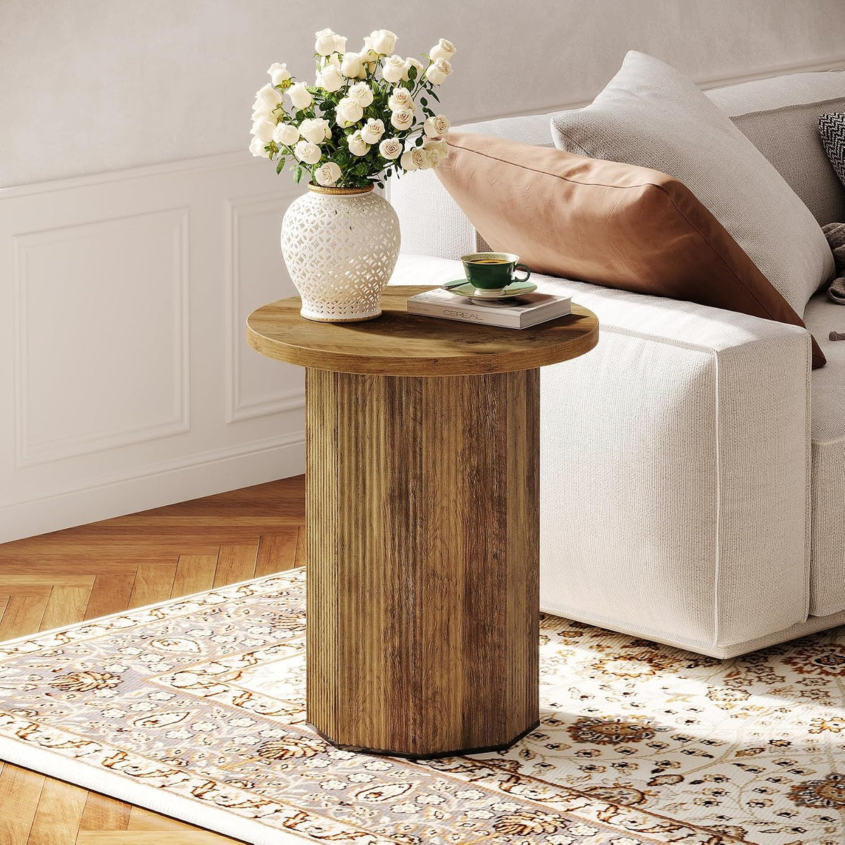 Tribesigns Round End Table, Farmhouse Fluted Side Table with Pedestal Base, Wooden Nightstand Accent Furniture for Living Room, Small Space, Bedroom (Brown)