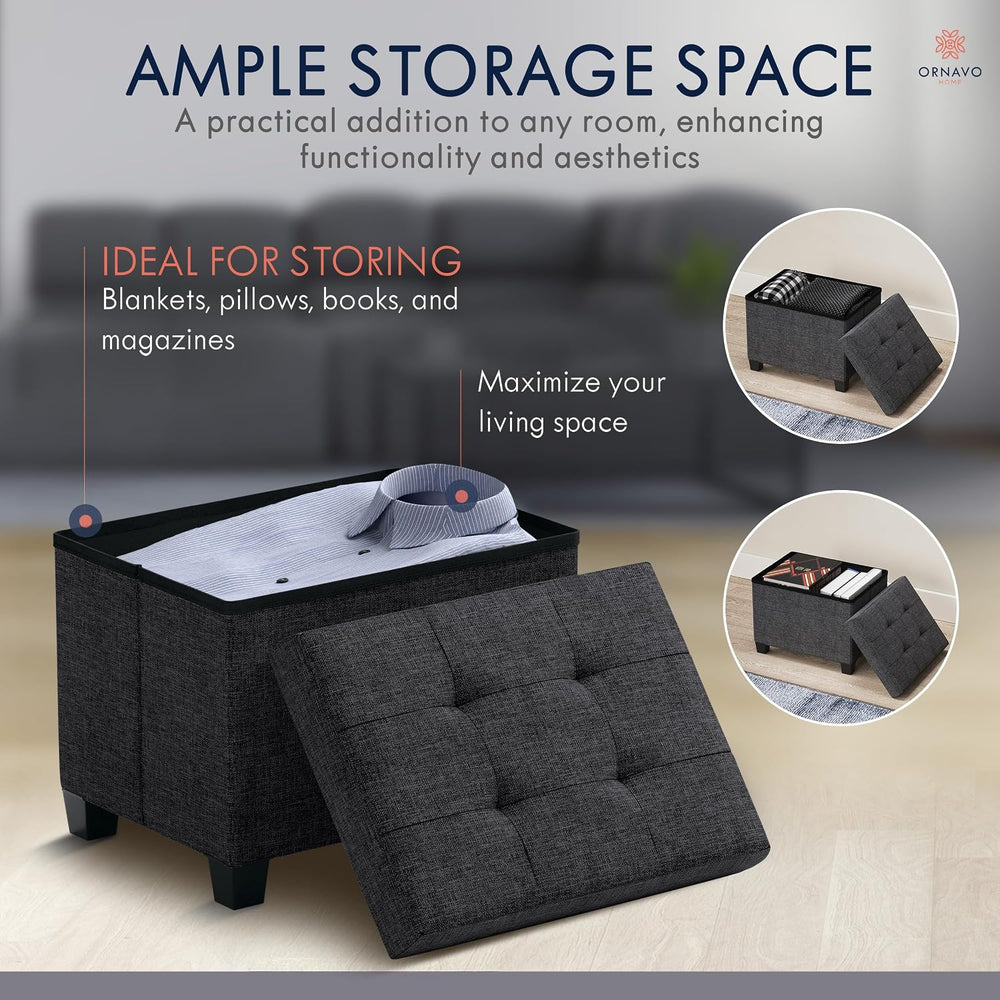 Ornavo Home Small Rectangle Storage Ottoman with Legs, 12x16x12, Black